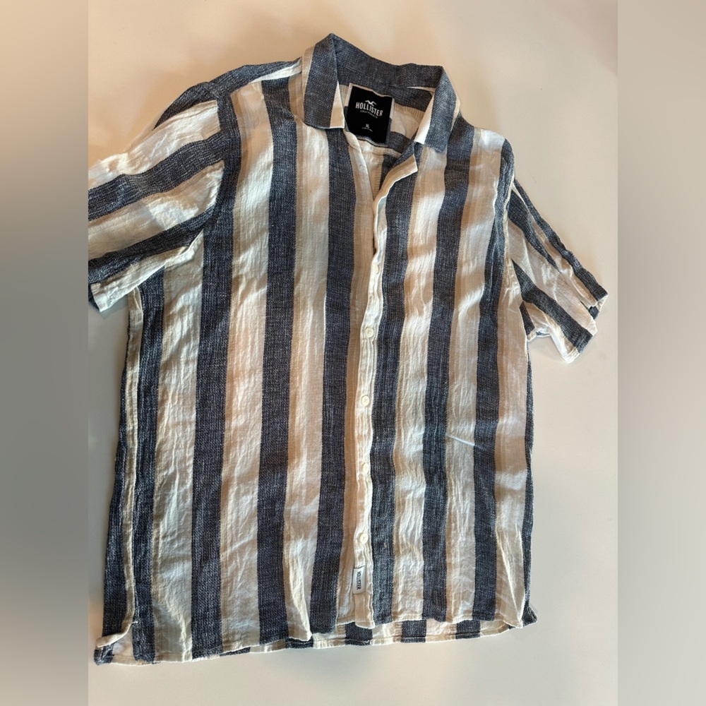 Hollister Navy & White Striped Button-Up Top